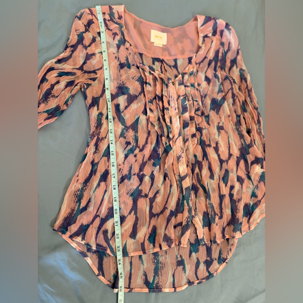 Maeve for Anthropologie Pink Blue Silk Sheer Abstract Blouse Size 10 - Picture 13 of 15
